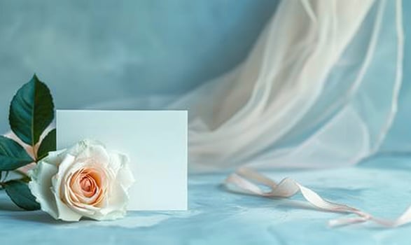 White blank card on a pastel sky blue table, with a single rose and a sheer ribbon photo