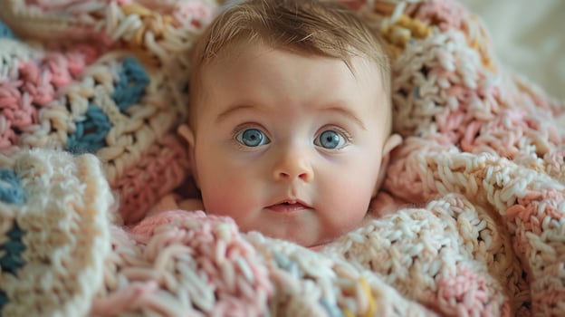 cute newborn baby in pastel colored woolen blanket photo