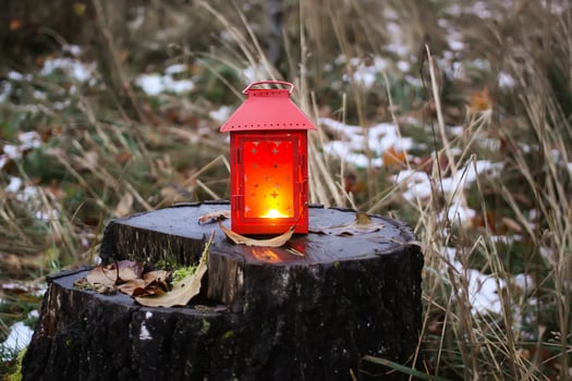 Decorative lantern with burning candle in autumn park at evening. photo