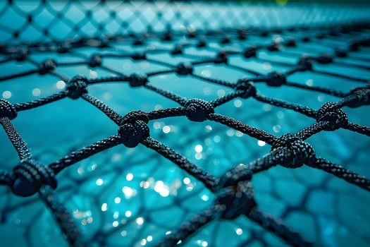 Close-Up of Black Rope Netting Over Sparkling Blue Water for Nautical Design photo