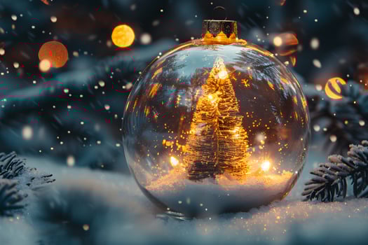 Festive Winter Holiday Christmas Tree Ornament with Snowfall Illumination for Seasonal Card Design photo
