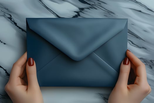 Elegant Blue Envelope on Marble Surface with Female Hands - Perfect for Invitations, Announcements, or Greeting Cards photo
