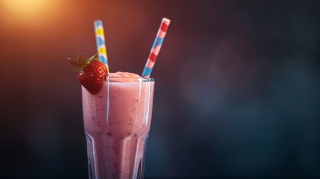 Strawberry banana smoothie in a tall glass with a colorful paper straw. photo