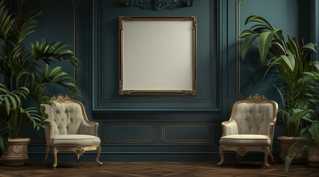 A large blank frame hanging on the wall of a vintage room, with green plants and antique furniture. photo