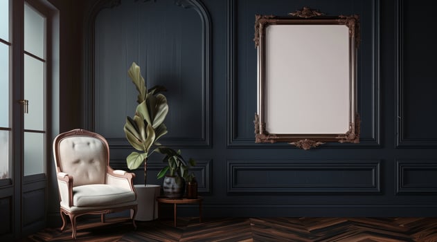 A large blank frame hanging on the wall of a vintage room, with green plants and antique furniture. photo