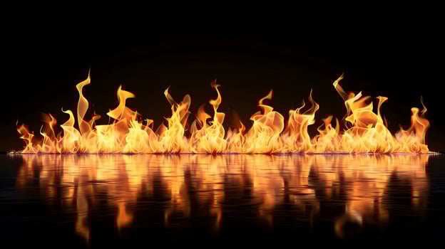 Fire flames on a black background with reflection on the water surface. photo