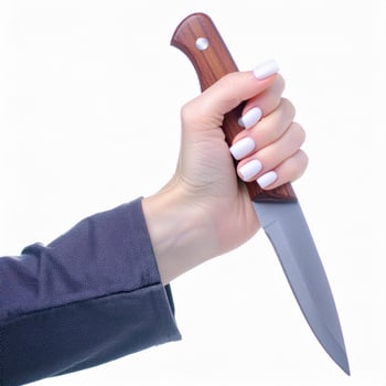hand holding a kitchen knife with a wooden handle photo