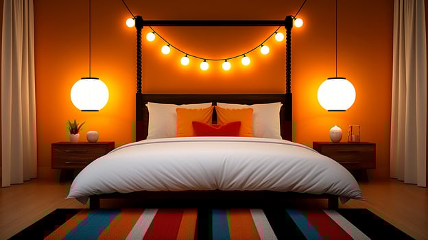 Bedroom with canopy bed, fairy lights, romantic bohemian style, dreamy and cozy, soft warm light. photo