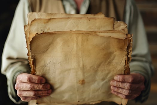 Hand man holding on an old aged weathered antique vintage retro paper. photo