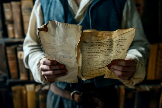 Hand man holding on an old aged weathered antique vintage retro paper. photo