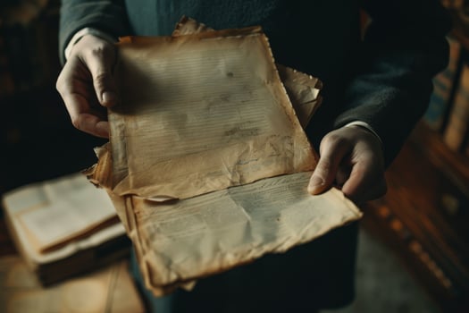 Hand man holding on an old aged weathered antique vintage retro paper. photo