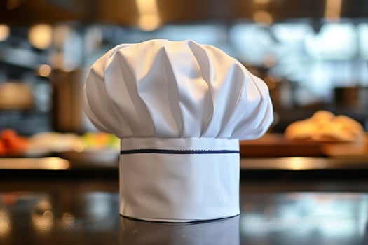 Chef hat on table in kitchen. Baker sign on restaurant background photo