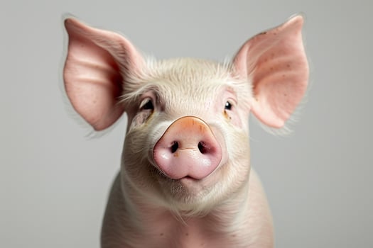 Cute pig portrait on gray background. Funny farm animal photo