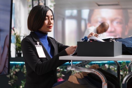 Shopping mall boutique asian woman employee adjusting stylish belt and tie on accessory shelf. Clothing store assistant checking merchandise for sale while managing inventory photo