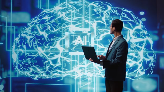 IT expert solving tasks on laptop device, running artificial intelligence programming scripts. Indian man using notebook to write lines of code for AI applications development, camera B photo