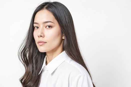 Portrait of a young woman with long black hair and a white shirt photo