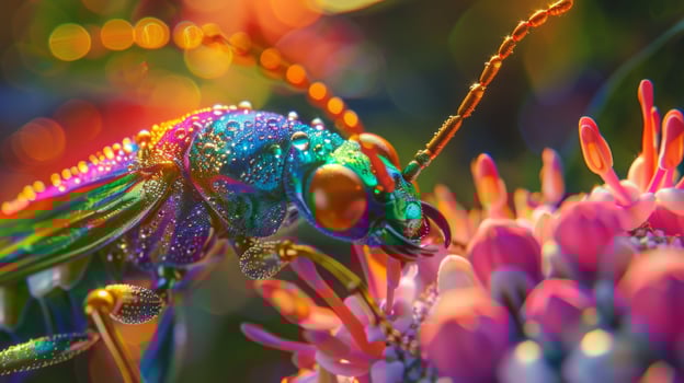 A colorful bug is sitting on a flower photo