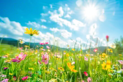 A field of flowers with a blue sky in the background photo