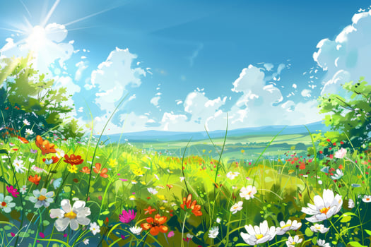 A field of flowers with a blue sky in the background photo
