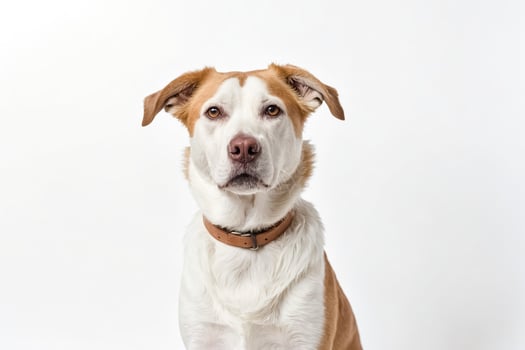 Portrait of a Brown and White Dog with a Brown Collar Looking at the Camera photo