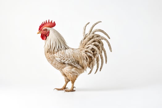 Rooster with White and Brown Feathers Stands on White Background photo
