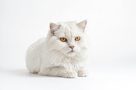White cat with yellow eyes looking to the left photo