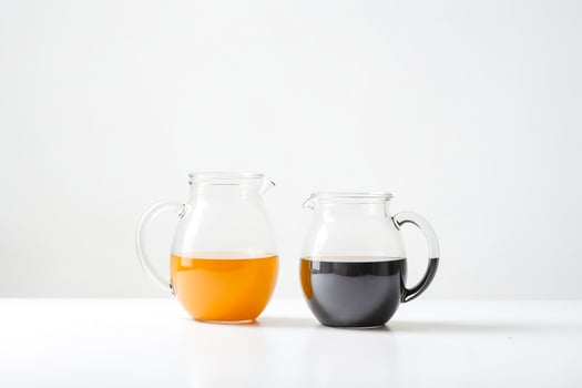 Two Glass Pitchers with Orange and Black Liquid photo