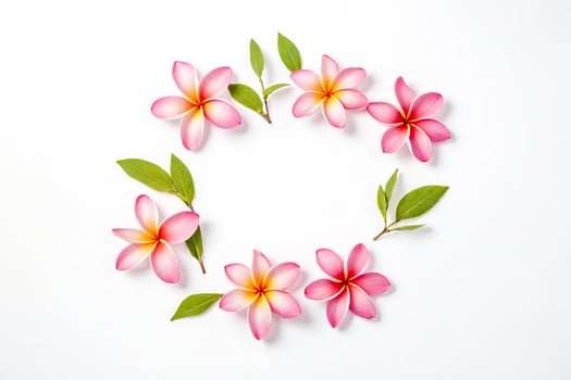 Pink Plumeria Flowers and Green Leaves Circle on White Background photo
