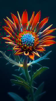 Close up of a flower in blue, orange and red tones. photo
