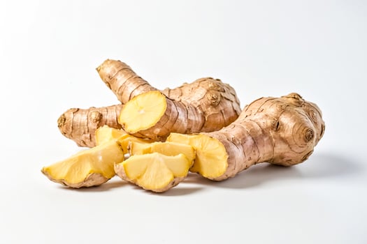 Fresh Ginger Root Slices Isolated On White Background photo