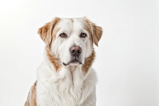Portrait of a White and Brown Dog with Soft Fur Looking at the Camera photo