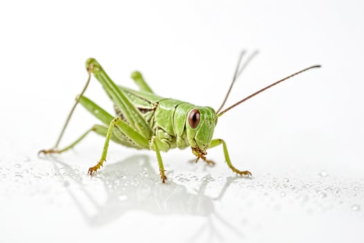 Green Grasshopper on White Background with Water Drops photo