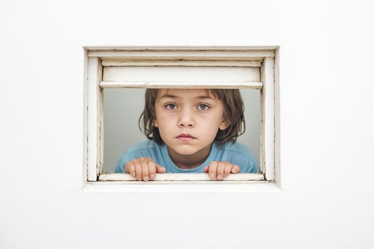 Boy Peeking Through Window photo