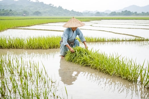 Farmer planting rice seedlings in flooded paddy field photo