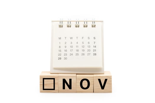 Calendar on Wooden blocks with NOV text isolated on white background. November and Calendar concept. Copy space. photo
