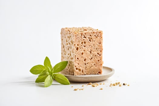 Close-up of a Square Piece of Nougat with Pistachios on a White Plate with Basil Sprigs photo