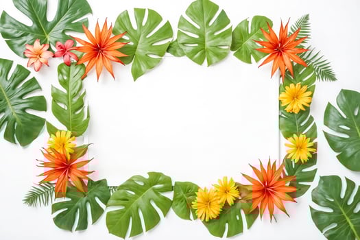 Tropical Frame with Monstera Leaves and Colorful Flowers photo