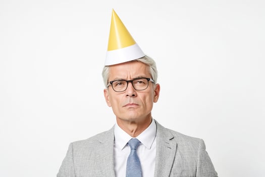 Serious businessman wearing a party hat photo