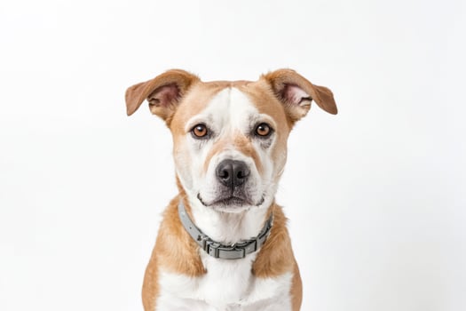 Portrait of a brown and white dog with a gray collar photo