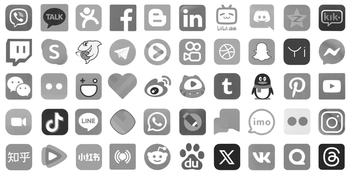 KYIV, UKRAINE - APRIL 1, 2024 Many icons of social media, messengers, sharing platforms photo