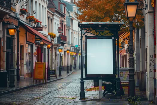A quaint, cobblestone street lined with charming buildings and autumn foliage, featuring a blank street billboard illuminated by vintage street lamps photo