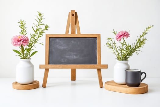 Blank Chalkboard Easel with Flowers and Cup photo