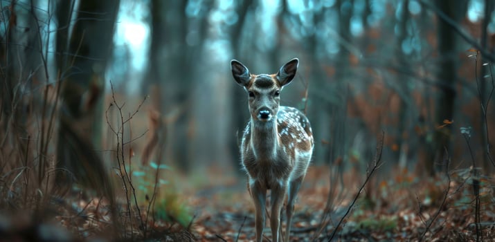 Young deer standing in a misty forest with autumn leaves and bare trees. Concept of wildlife, nature, forest, animal photo