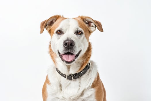 Happy dog with brown and white fur looking at camera with a happy expression photo