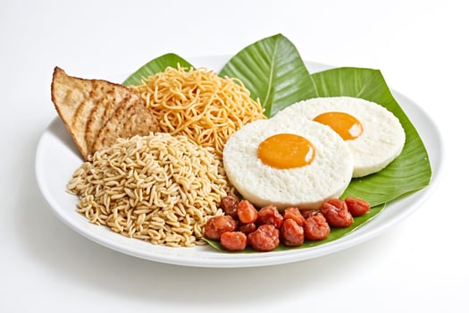Fried Egg, Noodles, and Dried Fruit on a Plate photo