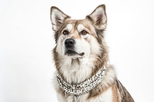 Close up of a dog's face with a beaded collar photo