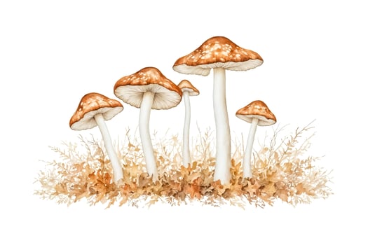 Watercolor illustration of five mushrooms with autumn leaves photo