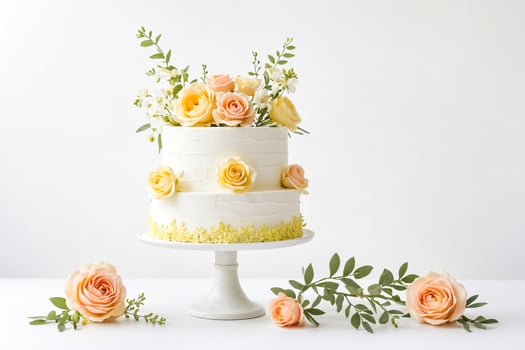 Elegant Two-Tiered Wedding Cake with Floral Decorations photo