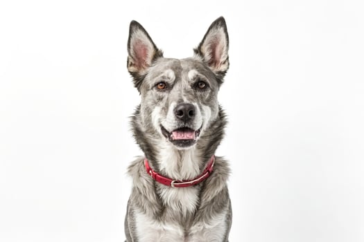Grey and White Dog with Red Collar Sitting in Front of a White Background photo