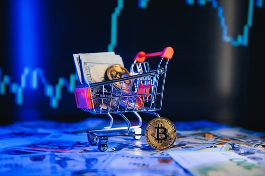 Bitcoins and New Virtual money concept. Growth bitcoins. Euro and dollar bills laying on a laptop with bitcoin charts on a blurred background photo